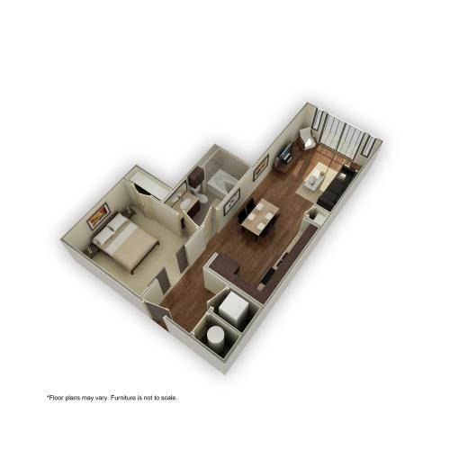 3800-e5 3D Floor Plan | 1 Bedroom with 1 Bath | 621 Square Feet | 3800 Main | Apartment Homes