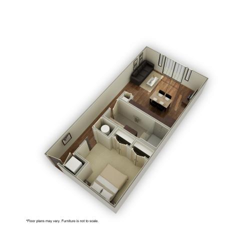 3800-A1A 3D Floor Plan | 1 Bedroom with 1 Bath | 649 Square Feet | 3800 Main | Apartment Homes