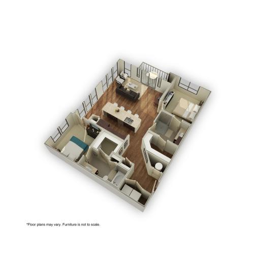 3800-B2B 3D Floor Plan | 2 Bedroom with 2 Bath | 1242 Square Feet | 3800 Main | Apartment Homes