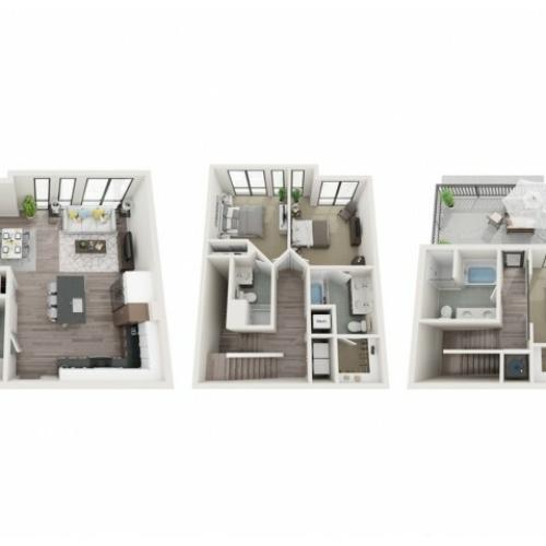 Townhouse T1 3D Floor Plan | 3 Bedroom with 3.5 Bath | 1615 Square Feet | Sugarmont | Apartment Homes