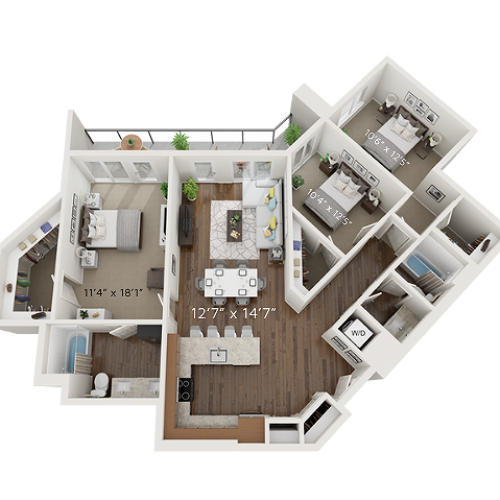C2 Floor Plan | 3 Bedroom with 2 Bath | 1288 Square Feet | Park Avenue  | Apartment Homes