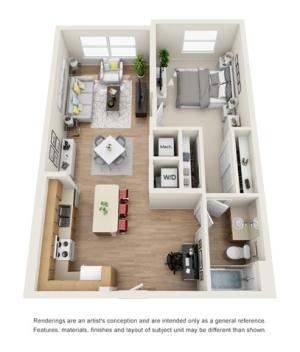 The Modernist Floor Plan | 1 Bedroom 1 Bath | 838 Square Feet | Cottonwood Bayview | Apartment Homes