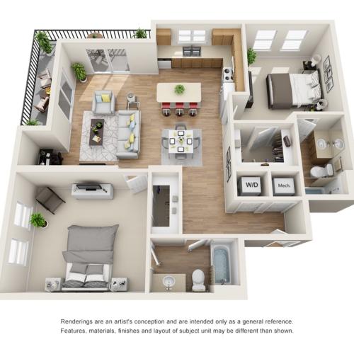 The Mosaic Floor Plan | 2 Bedroom 2 Bath | 1205 Square Feet | Cottonwood Bayview | Apartment Homes