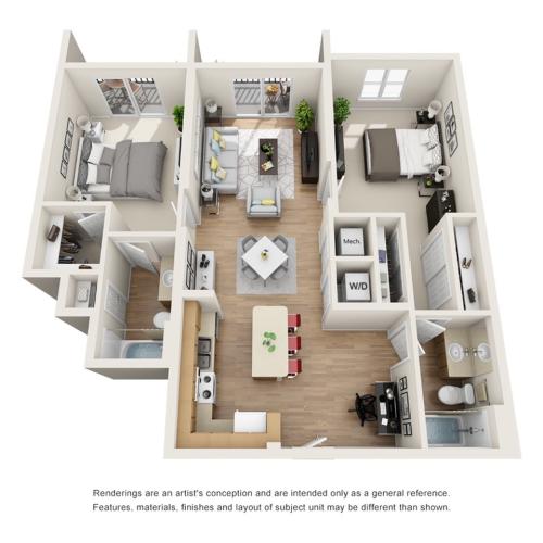 The Salon Floor Plan | 2 Bedroom 2 Bath | 1132 Square Feet | Cottonwood Bayview | Apartment Homes