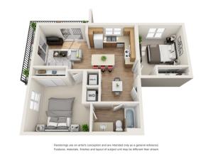 The Surrealist Floor Plan | 2 Bedroom 1 Bath | 830 Square Feet | Cottonwood Bayview | Apartment Homes