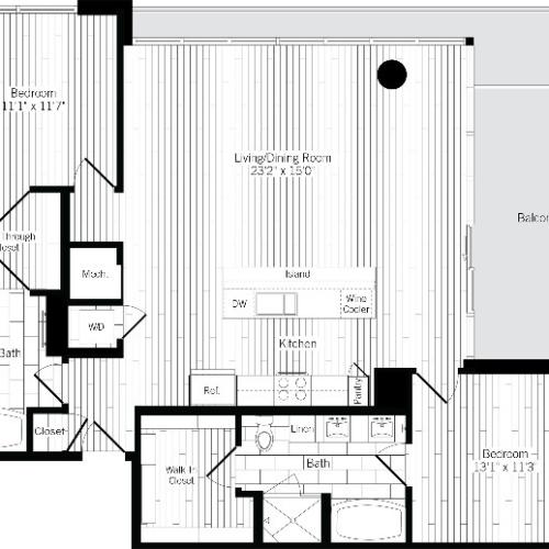 1297 square foot two bedroom two bath penthouse apartment floorplan image