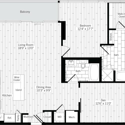 1265 square foot one bedroom two bath with den apartment floorplan image