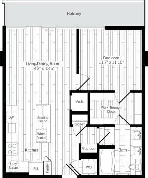 775 square foot one bedroom one bath with wood plank flooring throughout apartment floorplan image