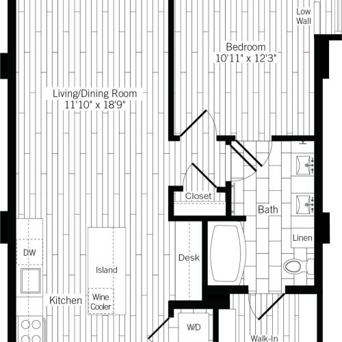 827 square foot one bedroom one bath with wood plank flooring throughout apartment floorplan image