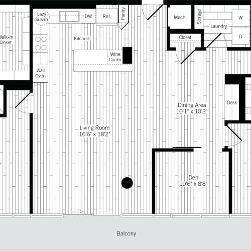 1630 square foot two bedroom two bath with den apartment floorplan image