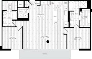1476 square foot two bedroom two bath apartment floorplan image