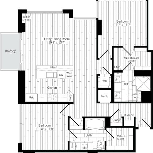 1232 square foot two bedroom two bath apartment floorplan image
