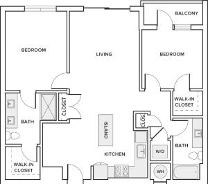1093 square foot two bedroom two bath apartment floorplan image