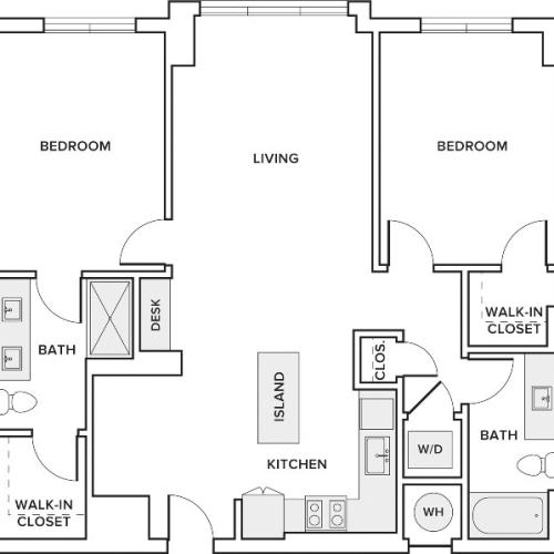 1152 square foot two bedroom two bath apartment floorplan image