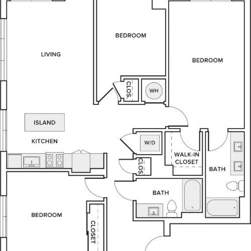 1281 square foot three bedroom two bath apartment floorplan image