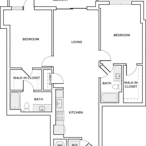 1169 square foot two bedroom two bath apartment floorplan image