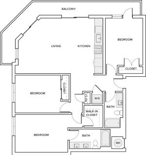 1369 square foot three bedroom two bath apartment floorplan image