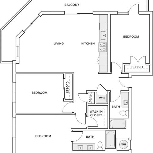 1369 square foot three bedroom two bath apartment floorplan image