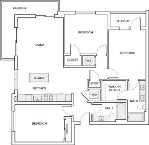 1344 square foot three bedroom two bath apartment floorplan image
