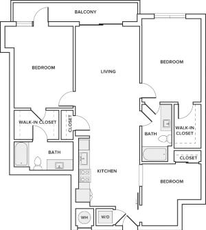 1161 square foot three bedroom two bath apartment floorplan image