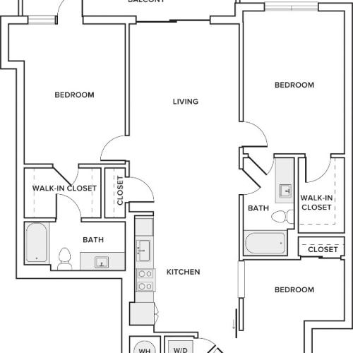 1161 square foot three bedroom two bath apartment floorplan image