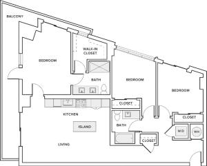 1330 square foot three bedroom two bath apartment floorplan image