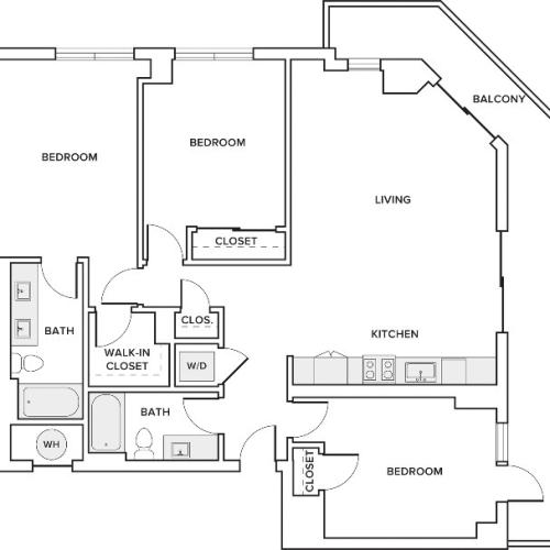1367 square foot three bedroom two bath apartment floorplan image