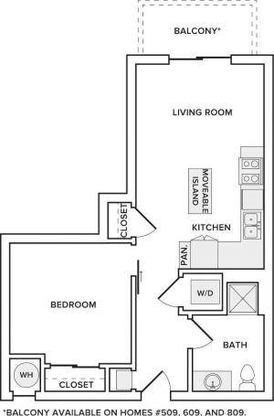 607 square foot one bedroom one bath apartment floorplan image