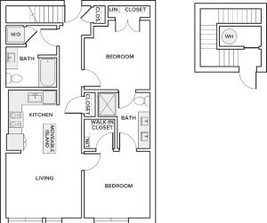 953 square foot two bedroom two bath floor plan image