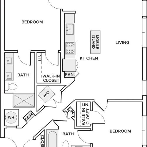 1,107 square foot two bedroom two bath floor plan image