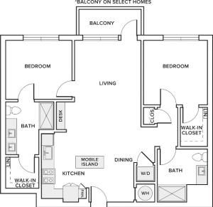 1,105 square foot two bedroom two bath floor plan image