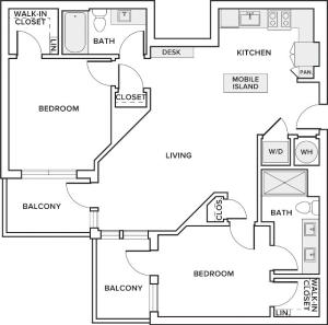 1,090 square foot two bedroom two bath floor plan image