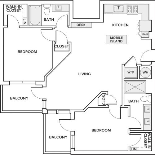 1,090 square foot two bedroom two bath floor plan image
