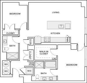 1,223 square foot two bedroom two and half bath floor plan image
