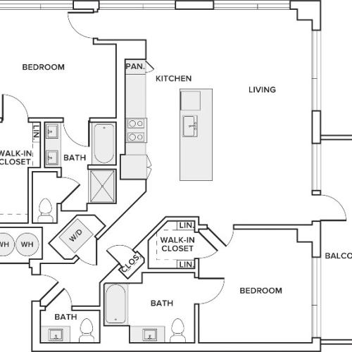 1,341 square foot two bedroom two and half bath floor plan image