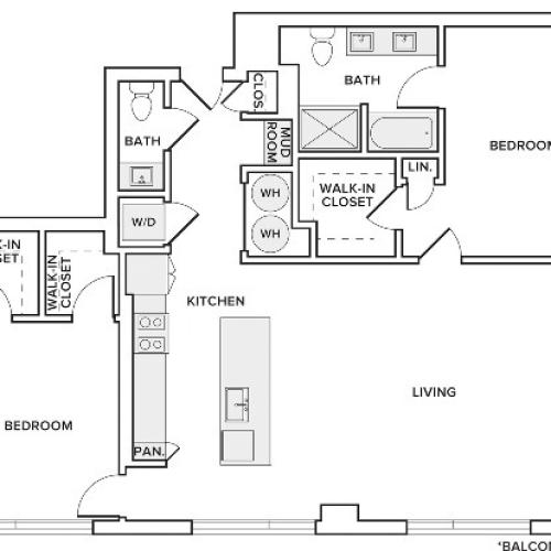 1,502 square foot two bedroom two and half bath floor plan image