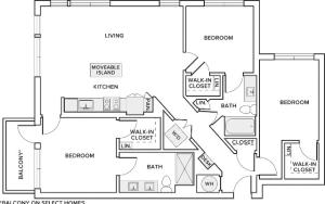 1,315-1,979 square foot three bedroom two bath apartment floorplan image