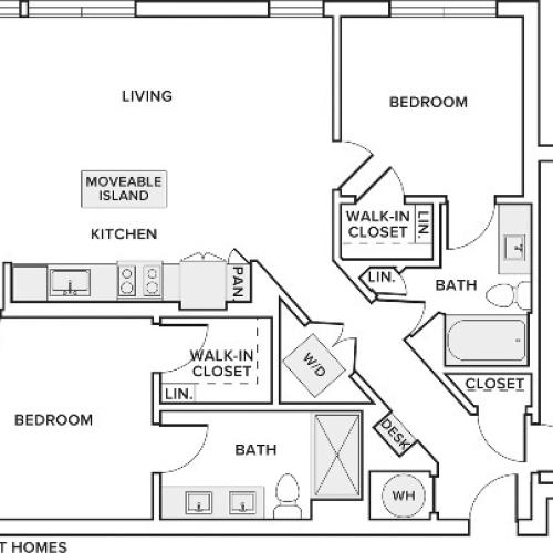 1,315-1,979 square foot three bedroom two bath apartment floorplan image