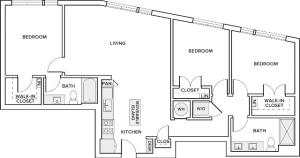 1,304 square foot three bedroom two bath apartment floorplan image