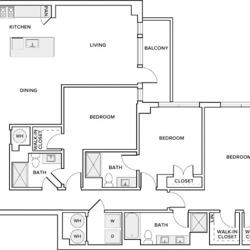 1,979 square foot three bedroom two and half bath apartment floorplan image