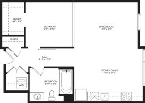 598 square foot one bedroom one bath apartment floorplan image