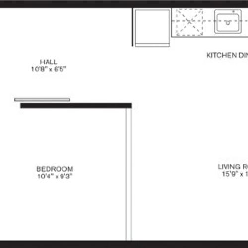 627 square foot one bedroom one bath apartment floorplan image