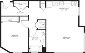 706 square foot one bedroom one bath apartment floorplan image