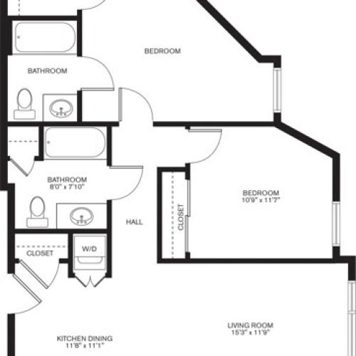 874 square foot two bedroom two bath apartment floorplan image