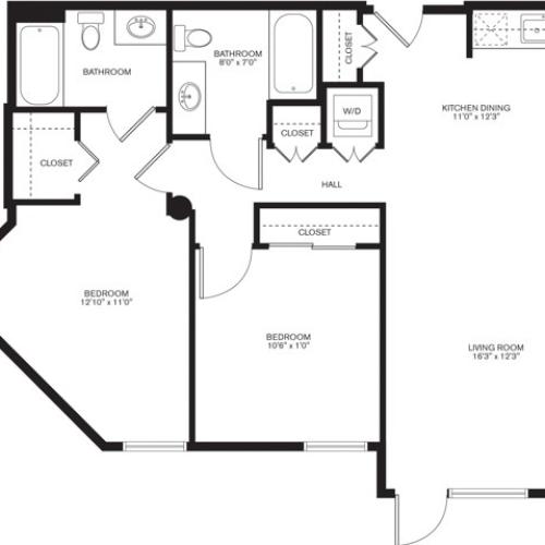 921 square foot two bedroom two bath apartment floorplan image