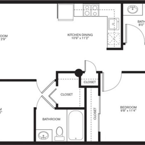 931 square foot two bedroom two bath apartment floorplan image