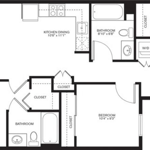 979 square foot three bedroom two bath apartment floorplan image