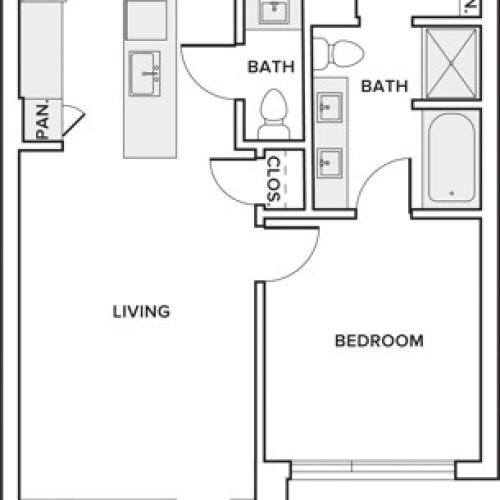 830 square foot one bedroom one and a half bath apartment floorplan image