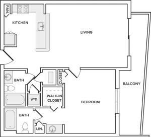 805 square foot renovated one bedroom two bath apartment floorplan image