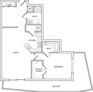 954 square foot renovated one bedroom two bath apartment floorplan image